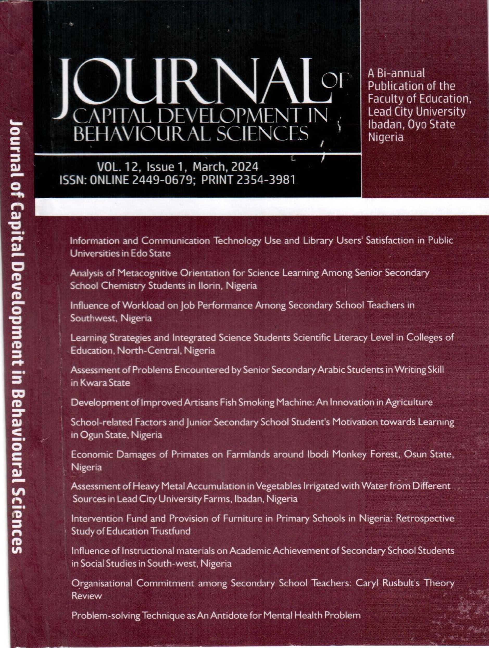 					View Vol. 12 No. 1 (2024): JOURNAL OF CAPITAL DEVELOPMENT IN BEHAVIOURAL SCIENCES
				