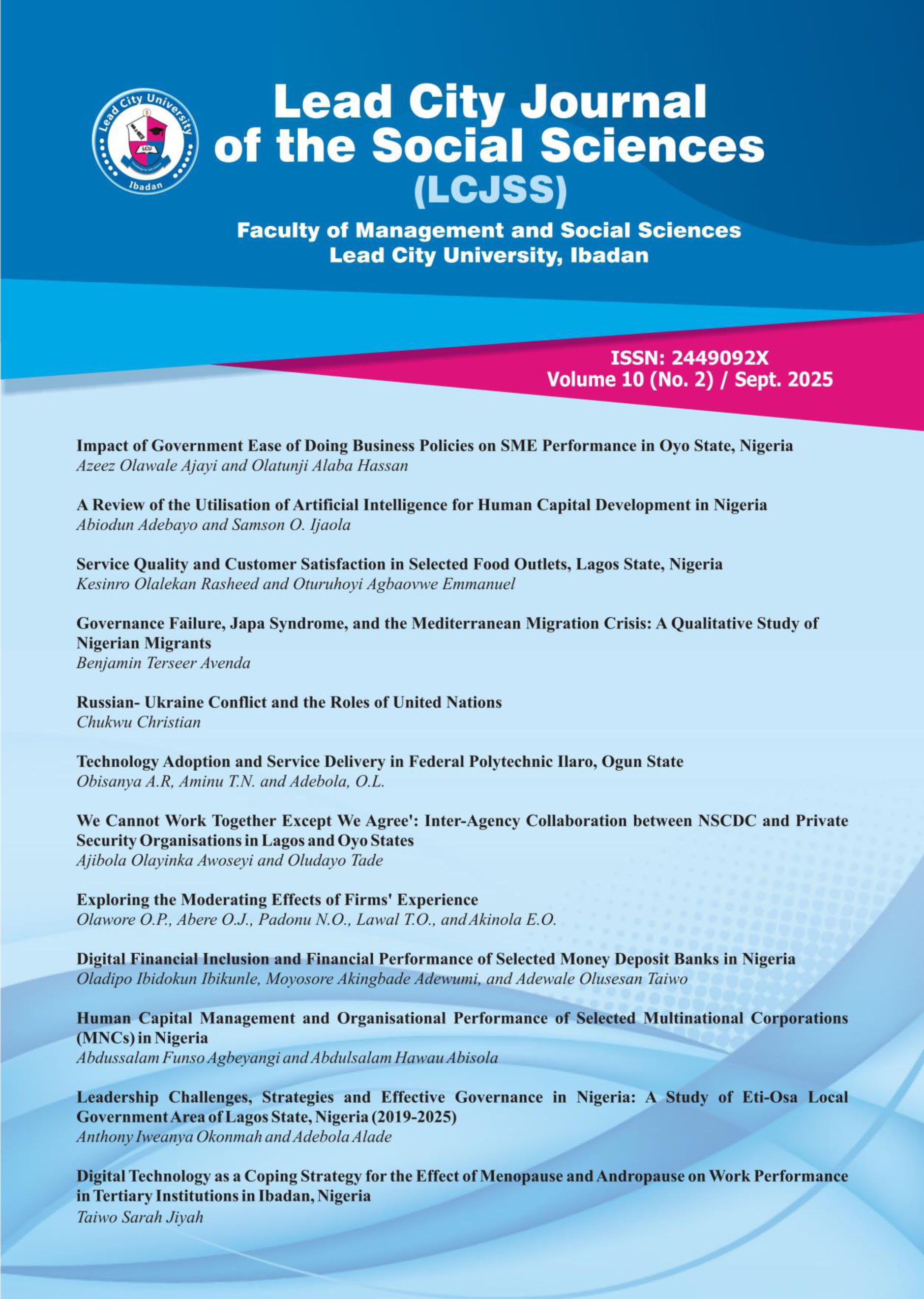 					View Vol. 10 No. 2 (2025): Lead City Journal of the Social Sciences
				